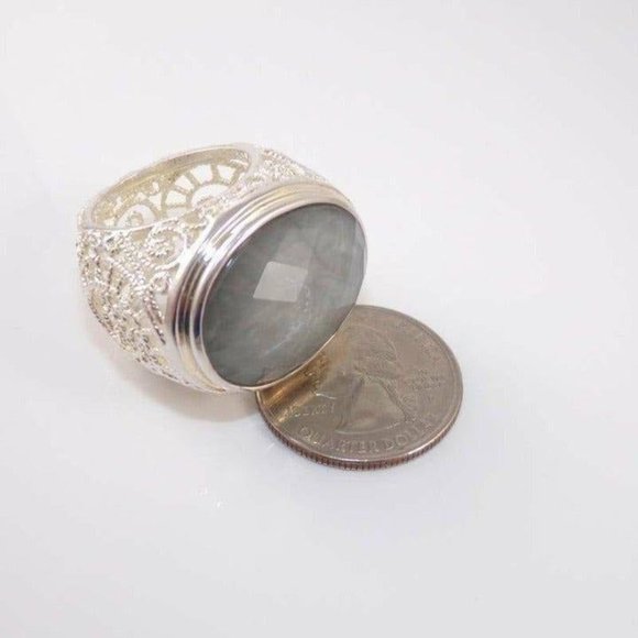 Sterling Silver Large Filigree Large Gray Quartz Cocktail Ring Size 8.5 - Picture 3 of 3